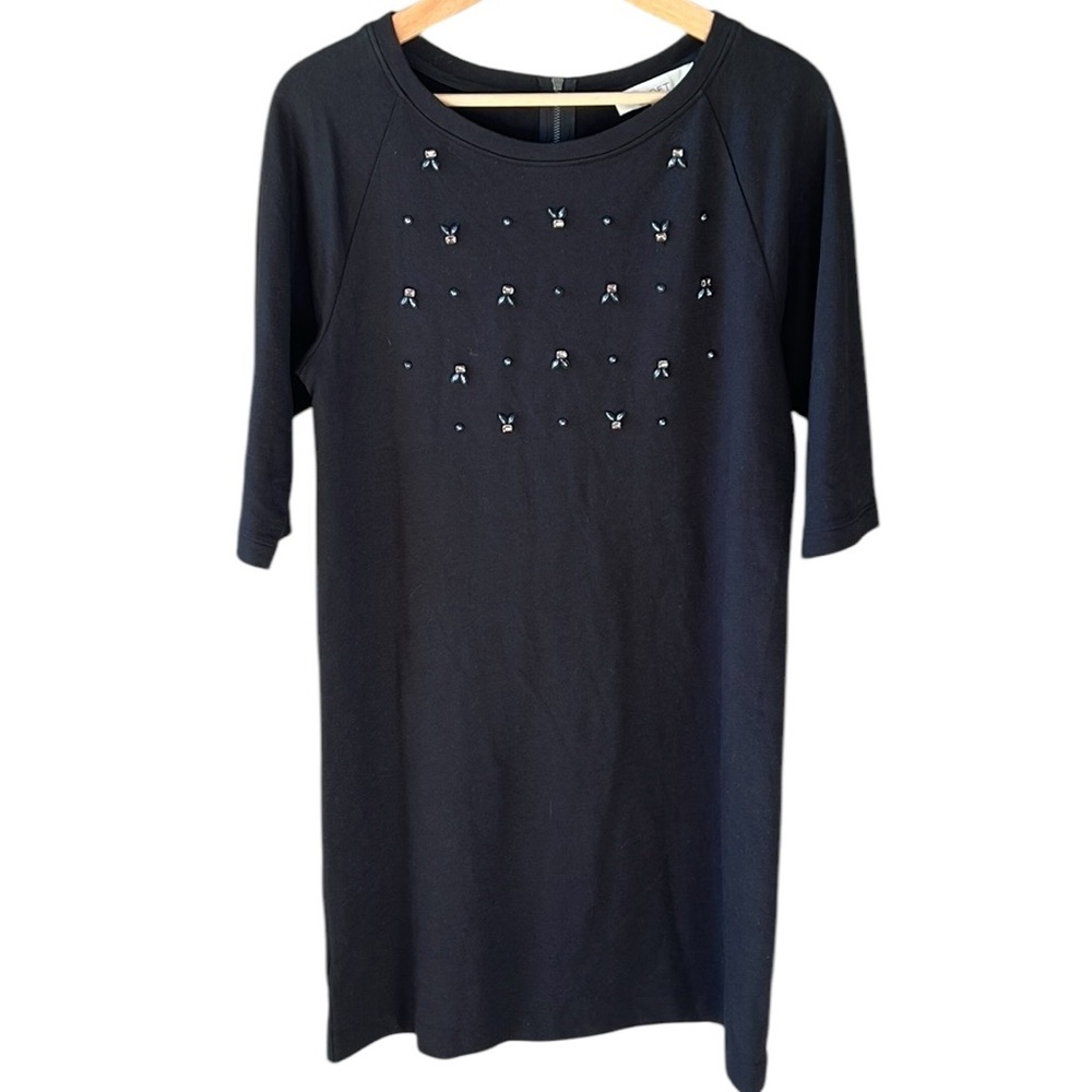 Ann Taylor Black Sz S Jeweled Bodice Sheath Sweater Dress Elbow Sleeve